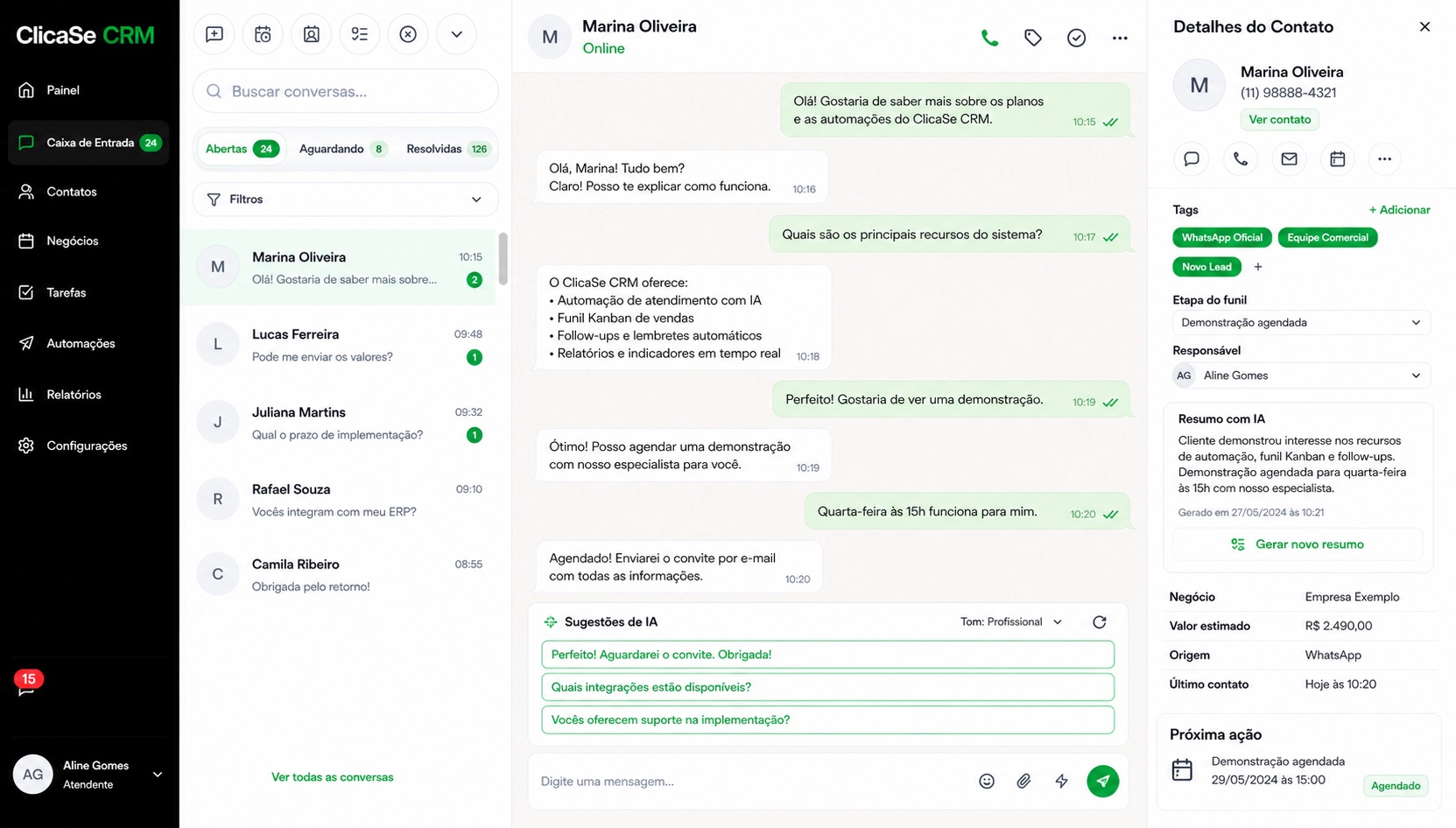 Mockup do ClicaSe CRM com caixa de entrada, conversa fictícia e dados demonstrativos do cliente